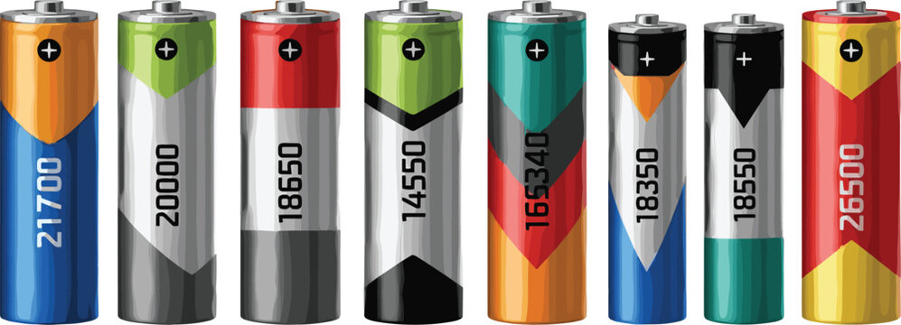 Collection of colorful rechargeable lithium ion battery sizes with capacity labels isolated on white background for energy storage, power technology, and electronics design