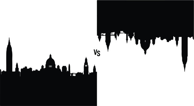 Contrasting skylines in silhouette, one upright and one inverted, representing opposing viewpoints or perspectives.
