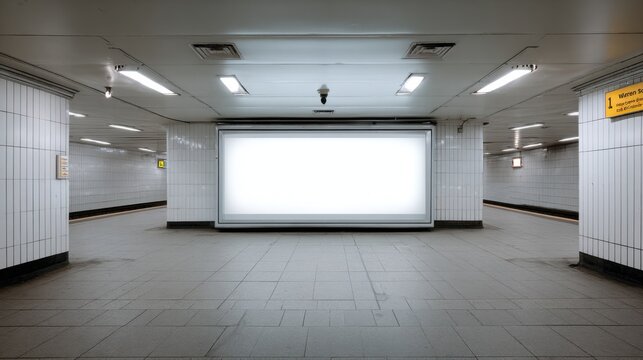 Empty, brightly lit underground pedestrian underpass with a large, blank advertising billboard