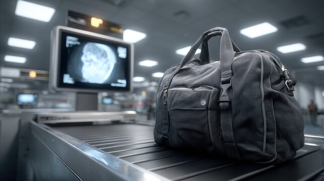 Dark Duffel Bag on Airport Baggage Claim Conveyor Belt with Security Scanner Display