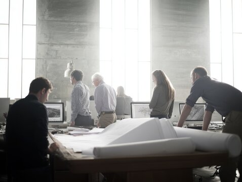 Diverse team of architects and designers collaborating on blueprints in a modern studio