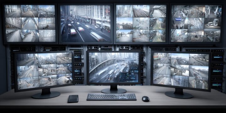 Modern surveillance control room with multiple screens displaying city traffic and security camera feeds