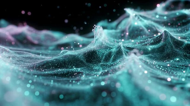 Abstract teal and pink particle waves in digital art style on dark background, representing motion and energy flow