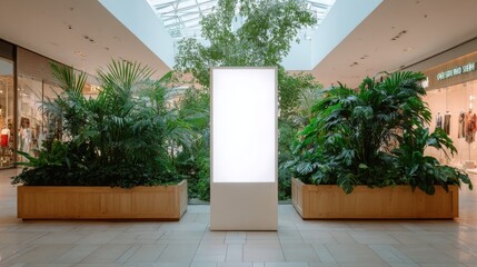 Obraz premium Bright illuminated display stand surrounded by lush green plants in a modern shopping mall interior