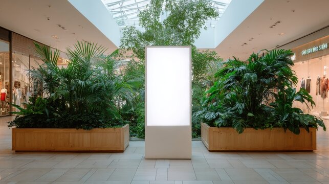 Bright illuminated display stand surrounded by lush green plants in a modern shopping mall interior
