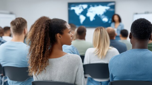Diverse audience attentively listens to presenter during global business or educational seminar with world map display