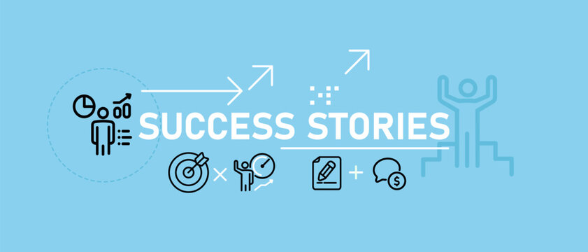 Success stories and case study banner icons of victory target hits on light blue background business portfolio highlights showcasing proven results and effective professional solutions