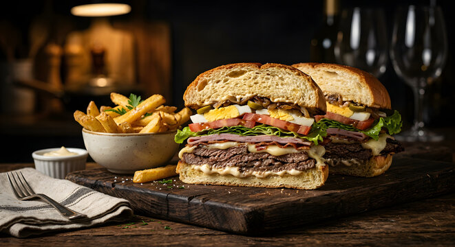 gourmet uruguayan chivito sandwich with golden fries on rustic wooden board