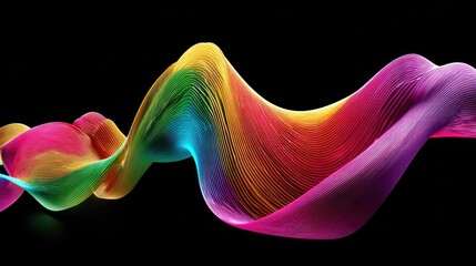 Obraz premium Colorful Wave Design with Flowing Lines in Abstract Art Style, Featuring Bright Tones of Pink, Blue, Yellow, and Green on a Black Background, Ideal for Modern Visual Projects