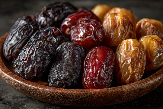 Dates or dattes palm fruit in wooden bowl is snack healthy, Set of various dates in bowl, Different kind of raw date fruit ready to eat, concrete background, Traditional, delicious and healthy ramadan