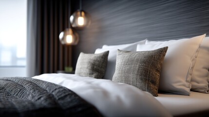 Luxurious modern bedroom with comfortable bedding, soft lighting, and contemporary decor