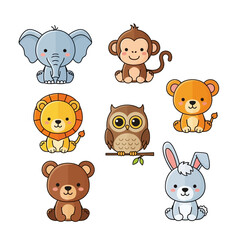 Fototapeta premium Cute Cartoon Animals Collection: Elephant, Monkey, Lion, Owl, Bear, Bunny, Cub