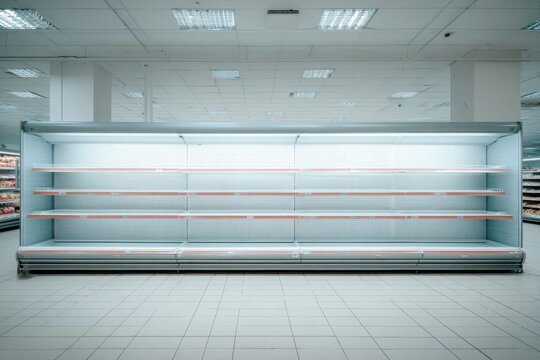 Empty refrigerated display case in a brightly lit, modern supermarket with tiled flooring and ceiling lights
