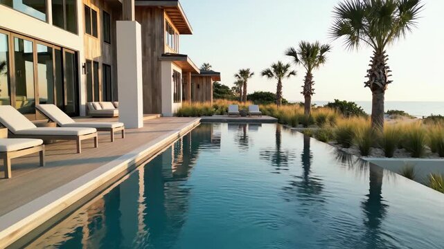 Luxury villa infinity pool with deck chairs, palm trees, and panoramic ocean view at sunset.