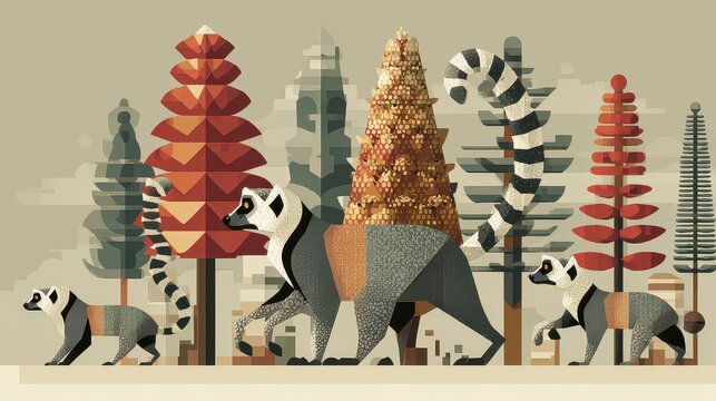 Geometric Artwork of Lemurs Walking Amidst Stylized Trees