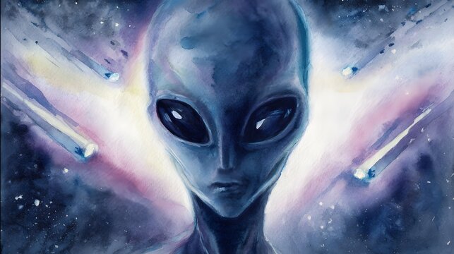 Mysterious alien portrait glows softly revealing advanced intelligence in a futuristic sci-fi world