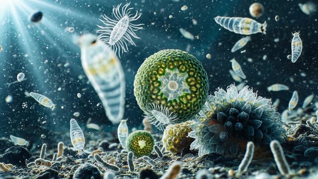Microscopic world animation with diverse microorganisms and plankton floating in a sunlit aquatic environment, symbolizing life's origins