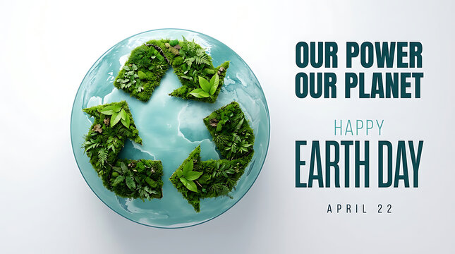 Earth day happy earth day: recycling symbol made of green moss on a globe with reduce reuse recycle with save digital art climate change