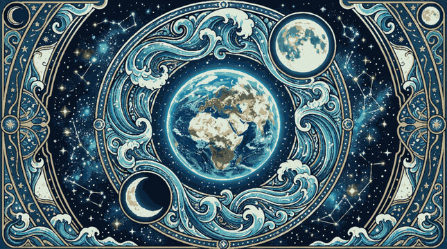 A stunning vector illustration of the Earth surrounded by celestial elements and ornate designs in shades of blue and gold.