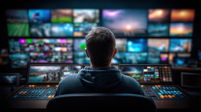 Broadcaster monitors multiple video feeds and controls broadcast equipment in a control room