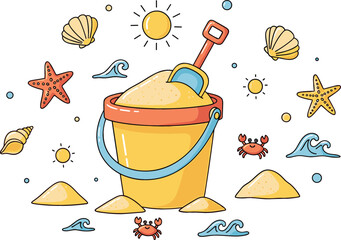 Cute beach sand bucket and shovel with seashells starfish waves and crabs summer vacation seaside elements playful flat vector illustration © Amowara