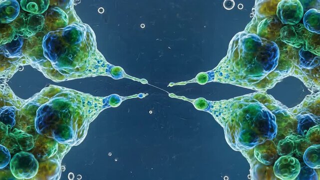 Microscopic cell division, abstract biological process, animated cellular mitosis in fluid, depicting growth and replication of organic structures
