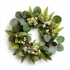 Green Eucalyptus and White Wildflower Botanical Wreath on White — Wedding Stationery Use