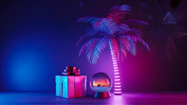Neon palm tree with glowing lights on blue and pink background with gift boxes on concrete podium
