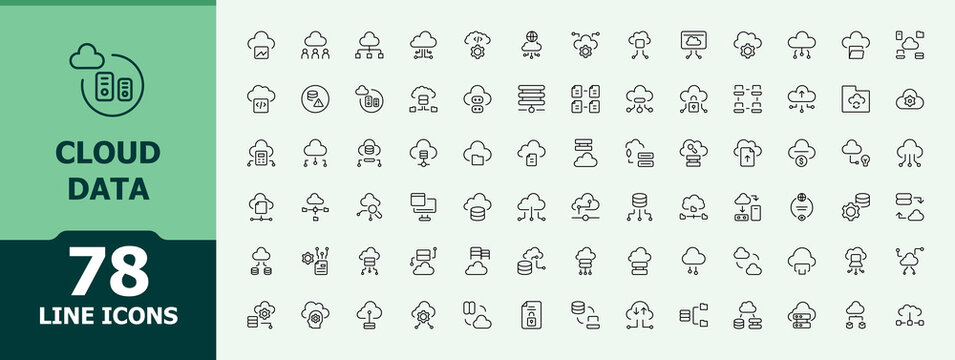 Cloud Data icon pack. Cloud Data icon set. Includes thin line symbols server, data server, database, analysis, technology, data analysis. Editable stroke. Vector collection.
