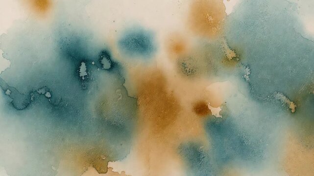 Abstract watercolor stains in blue and brown tones in soft watercolor style on light backdrop, concept of creativity