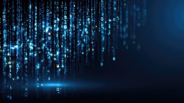 Futuristic Abstract Digital Background with Flowing Binary Code and Glowing Particles in Blue and Black Color Scheme for Technology and Data Visuals