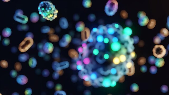 Microscopic bacterial and viral organisms, microscopic particles, and vibrant colorful glowing cells floating and swirling in a dark fluid