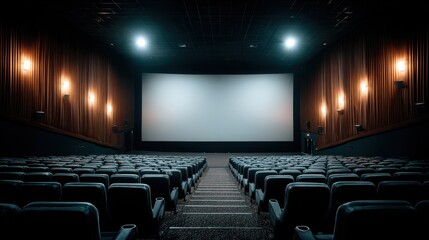 Naklejka premium Empty Movie Theater Auditorium with Rows of Seats Facing a Large Projection Screen
