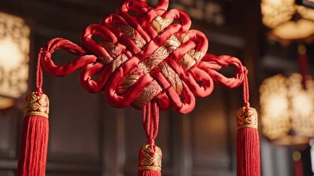 Close up of a traditional red decorative knot with tassels