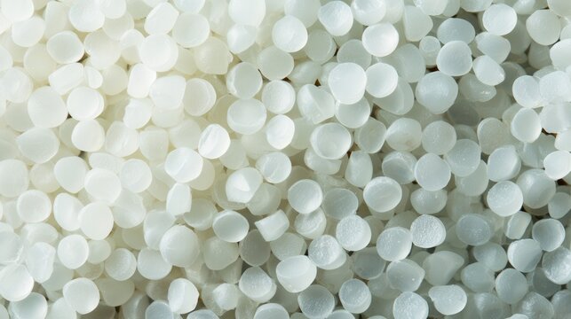 Macro view white plastic pellets scattered across neutral background, sterile polymer granules under studio lighting, closeup texture highlighting spherical beads, industrial production context