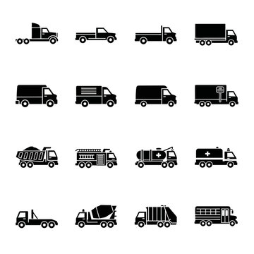 Set of sixteen commercial truck and transport vehicle icons including delivery van, fire engine, ambulance, school bus, and construction vehicles.