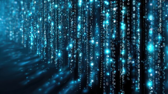 Abstract digital background with glowing binary code cascading down like rain, creating a futuristic and high-tech atmosphere, ideal for technology-related themes and projects.