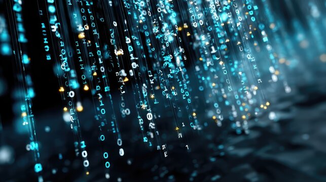 Abstract representation of cascading digital data streams, showcasing the flow of binary digits and symbols in a mesmerizing blur of blue and gold light particles against a dark background.