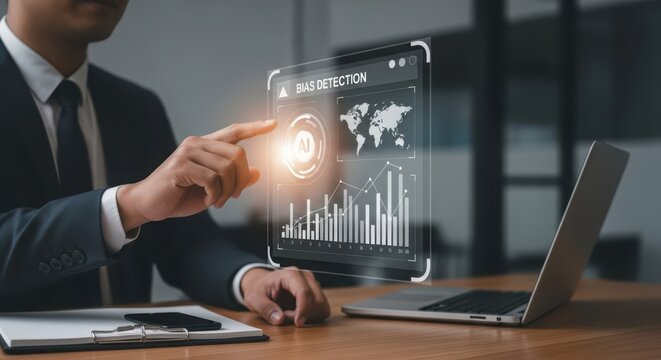 Professional analyzing digital interface with bias detection charts and global map on futuristic screen