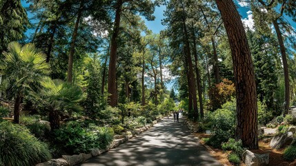 Fototapeta premium Serene Pathway Through Lush Green Forest with Towering Trees
