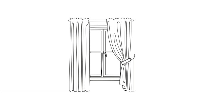 Window with curtains in hotel room line art illustration