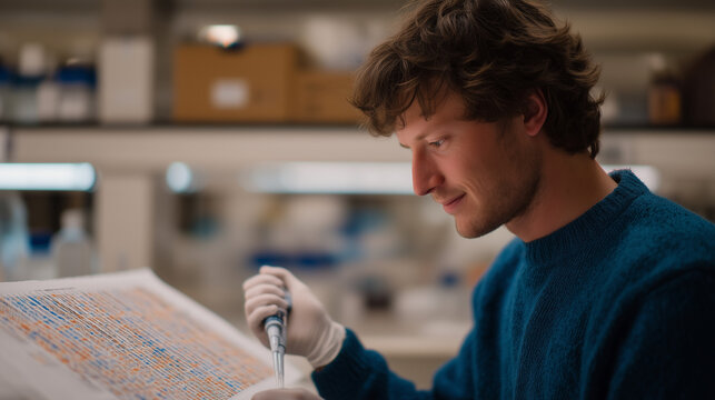 Solitary molecular biologist pipetting samples into aging epigenetics research array under harsh laboratory fluorescent lights, methylation pattern charts covering sterile white walls, perfect for l