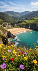 Naklejka premium Stunning Coastal Paradise - A Vibrant Beach Scene with Lush Greenery and Flowers.