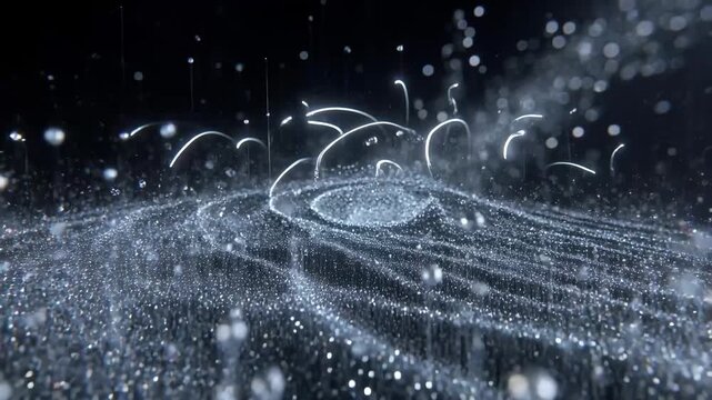Shimmering particles and droplets forming abstract waves on dark background, concept of motion and futuristic nanotech