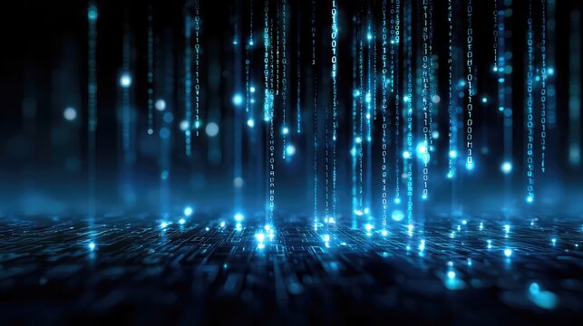Glowing Binary Code Rain in a Digital Landscape with Vibrant Blue Lights and a Dark Background Creating a Futuristic and Technological Atmosphere for Visual Media