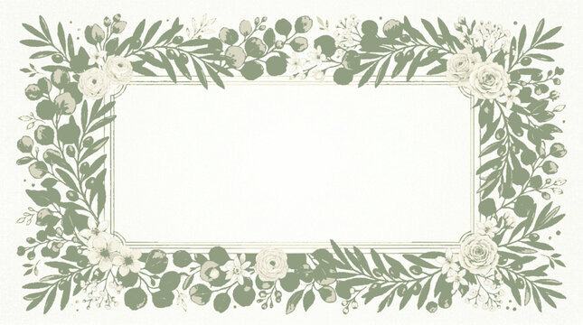 A beautiful floral frame with green leaves and white flowers on a clean background