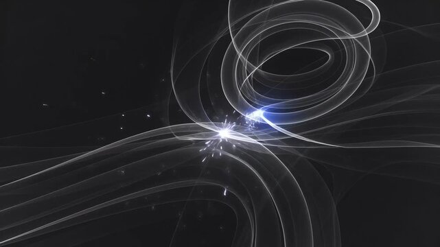 Flowing translucent light trails swirling on dark backdrop, abstract style, symbolizing futuristic motion concept