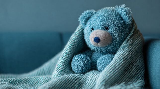 Close-up of sad blue teddy bear plushie wrapped in a blanket on a ble sofa on blue background with copy space