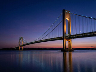 Fototapeta premium Suspension Bridge Twilight Cables Tower Evening Sky Engineering