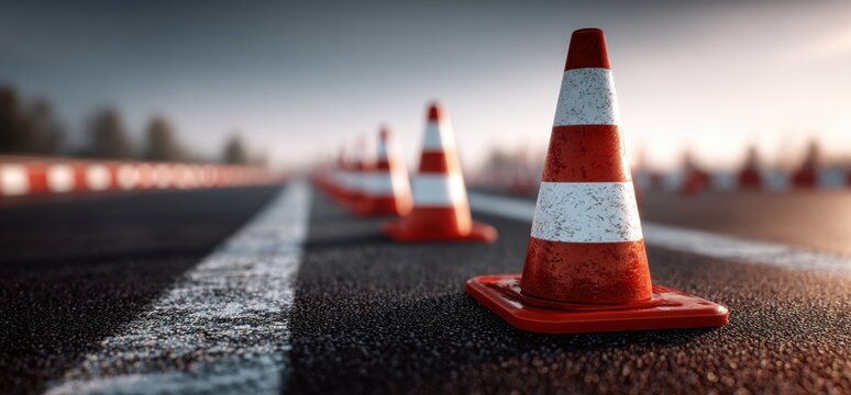 Line of orange and white traffic cones on asphalt road with white lane markings, dawn light